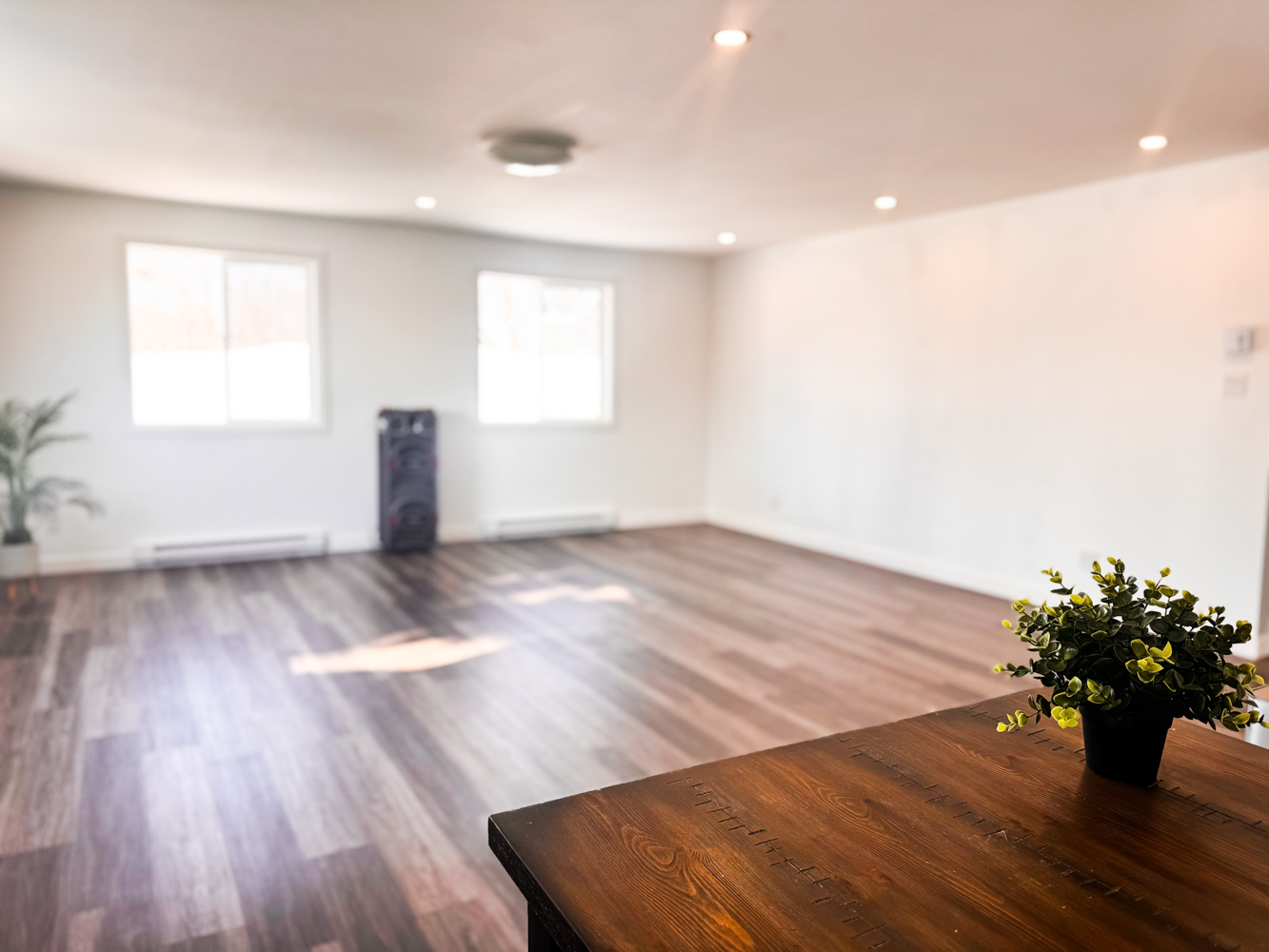 Salle lumineuse à louer à Trois-Rivières avec plancher de bois et grandes fenêtres, idéale pour ateliers, cours, yoga ou rencontres professionnelles.